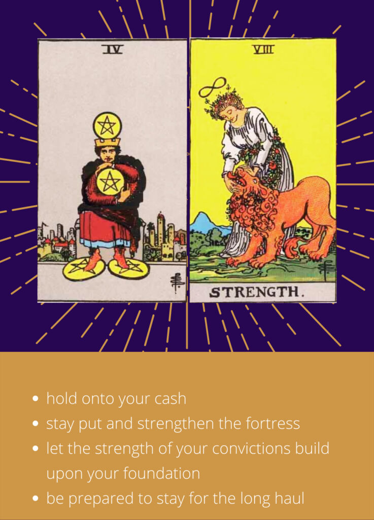 the four of pentacles and strength Tarot card combination