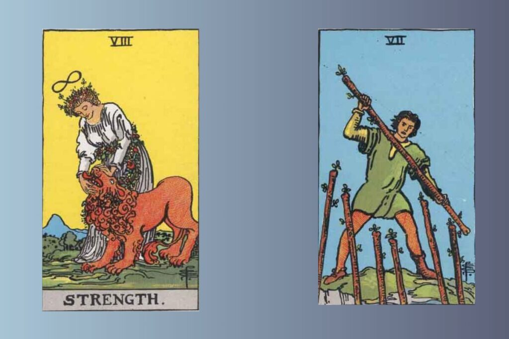 Strength and 7 of wands tarot card combination